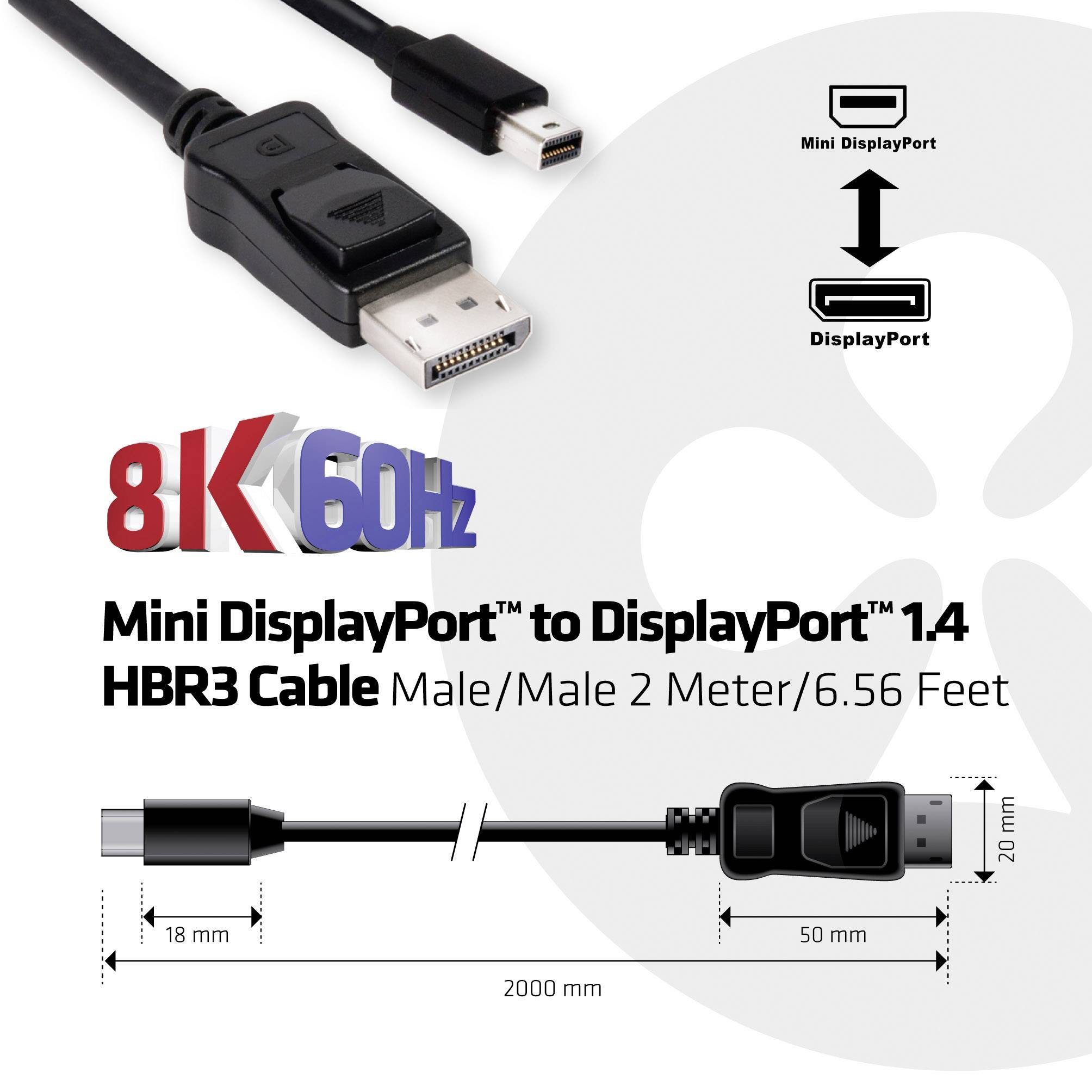 '8K 60Hz DisplayPort zu DisplayPort 1.4 HBR3 Kabel, männlich/männlich, 2 Meter. Abmessungen: 18 mm Breite, 50 mm Stecker.'