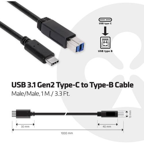 club3D USB-Kabel USB 3.2 Gen1 (USB 3.0 / USB 3.1 Gen1) USB-C® Stecker, USB-B Stecker 1.00 m Mehrfarbig CAC-1524
