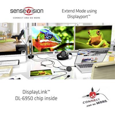 Ein Schreibtisch mit zwei Bildschirmen. Auf einem Monitor ein Bild eines Leguans, auf dem anderen ein Frosch. Text: 'DisplayLink™ DL-6950 chip inside'.