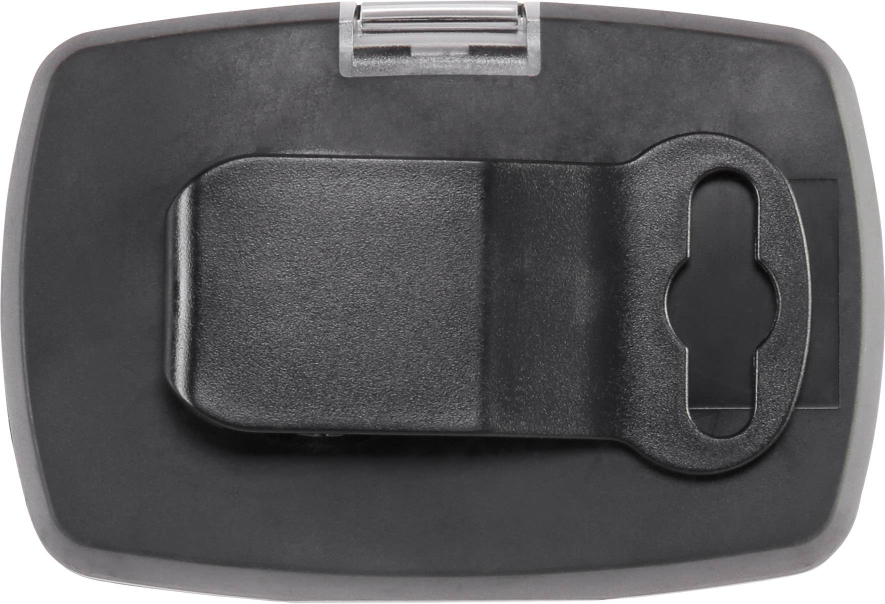 Schwarzer Gürtelclip mit Haken- und Schlitzmechanismus, montiert auf einem rechteckigen, grauen und schwarzen Kunststoffgehäuse.