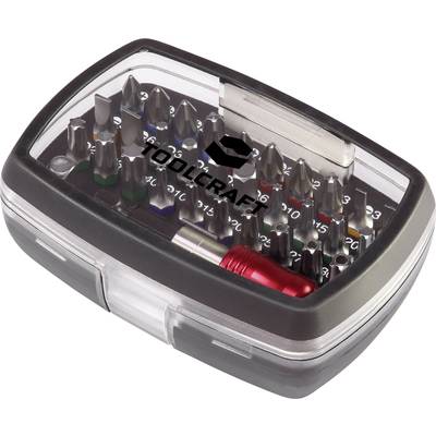 'Bit-Set mit Griff.' Ein kompakter Satz verschiedener Bits in einer transparenten Box mit rotem Griff, geeignet für diverse Befestigungsarbeiten.