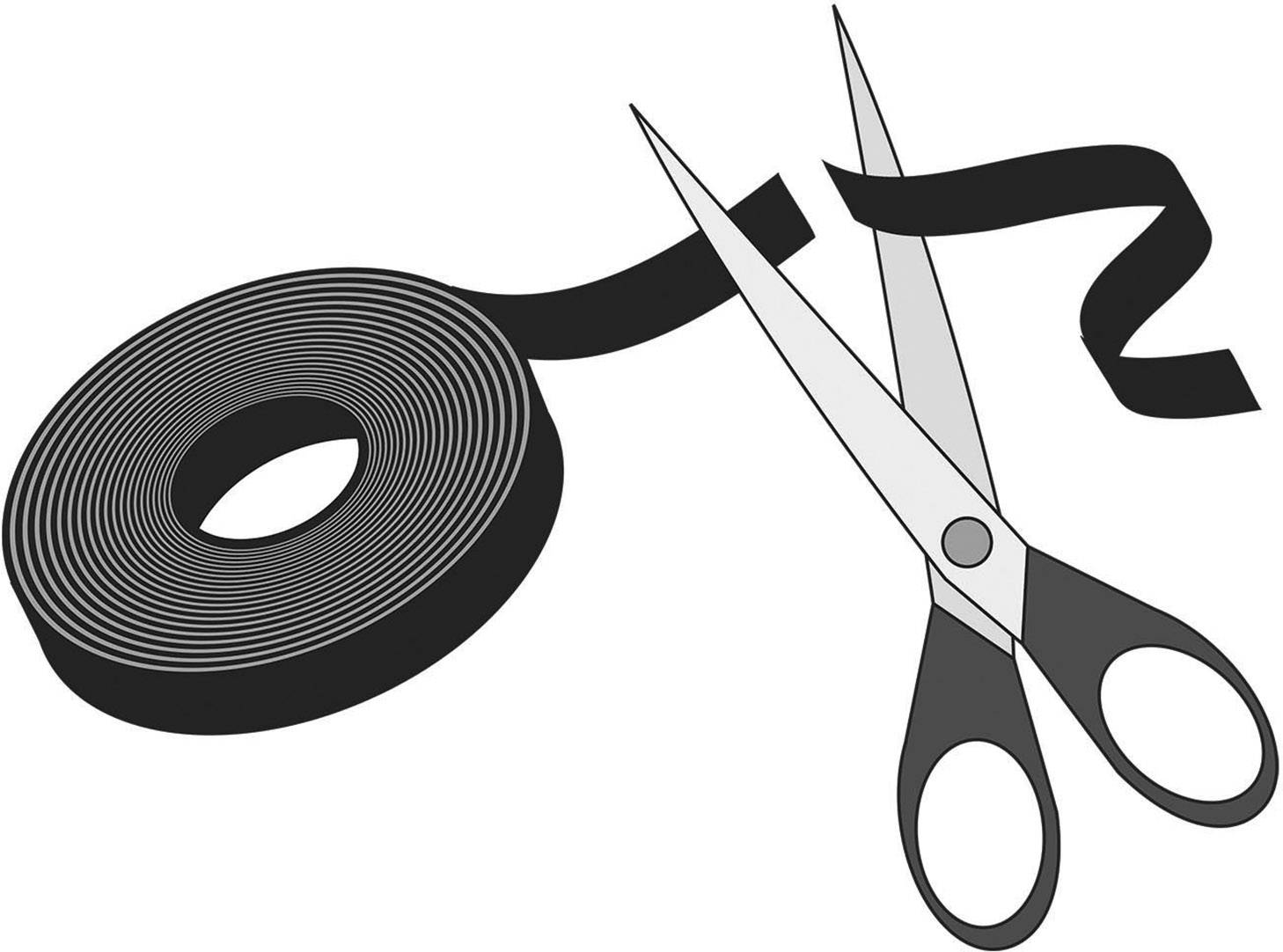 Eine schwarze Klebebandrolle liegt neben einer Metallschere, die dabei ist, das Band zu schneiden.