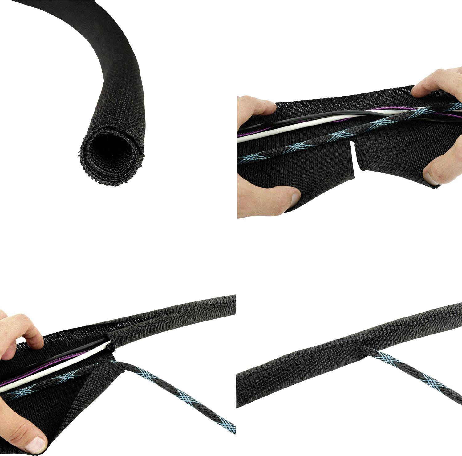 Zwei Hände halten ein flexibles, schwarzes Kabelrohr, das Kabel umschließt. Das Rohr wird geöffnet, um die Kabel sichtbar zu machen.