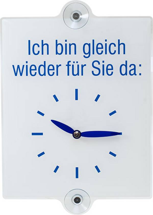 Ladentürschild mit verstellbarer Uhranzeige Text: Ich bin gleich wieder für Sie da