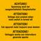 'Achtung! Spannung auch bei ausgeschaltetem Hauptschalter.' Mehrsprachige Warnung über anhaltende Spannung trotz ausgeschaltetem Hauptschalter.