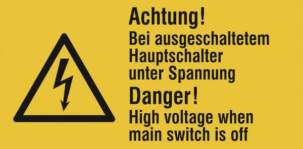 Warn-Kombischild Bei ausgeschaltetem Hauptschalter unter Spannung Folie selbstklebend (B x H) 65 mm x 32 mm   ISO 7010 6 St.