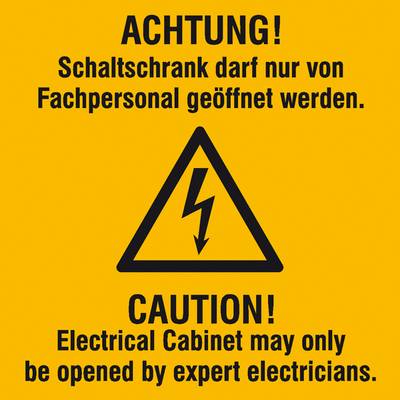 'Achtung! Schaltschrank darf nur von Fachpersonal geöffnet werden.' Gelbes Warnschild mit Blitz-Symbol.