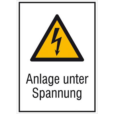 Achtungsschild mit Blitzsymbol und Text 'Anlage unter Spannung' warnt vor elektrischer Gefahr.