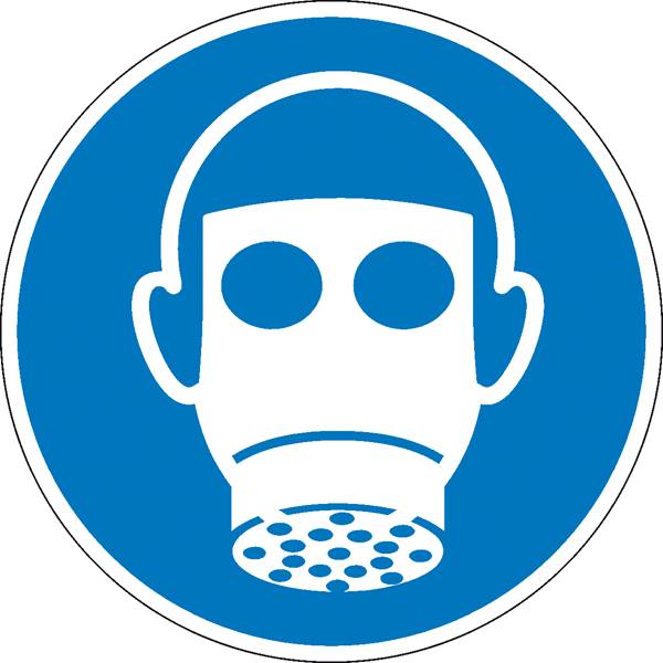 Ein weißes Symbol auf blauem Kreis zeigt eine Gasmaske. Es weist auf das Tragen von Atemschutz in diesem Bereich hin.