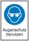 Symbol eines Kopfes mit Schutzbrille auf blauem Hintergrund. Text darunter: 'Augenschutz benutzen'.