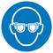 Blaues Symbol mit weißem Umriss eines Kopfes, der eine Schutzbrille trägt. Zeichen für Augenschutz.