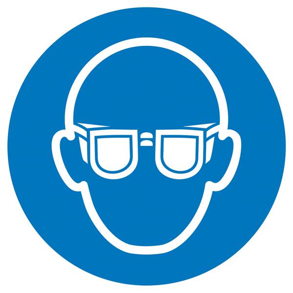 'Piktogramm eines Kopfes mit Schutzbrille auf blauem Hintergrund. Symbolisiert das Tragen von Schutzbrillen als Sicherheitsmaßnahme.'