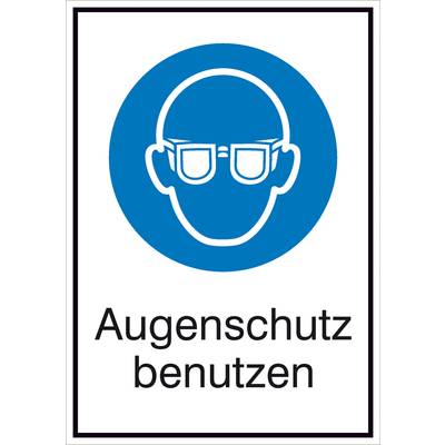 Symbol eines Kopfes mit Schutzbrille in einem blauen Kreis. Darunter steht 'Augenschutz benutzen'.