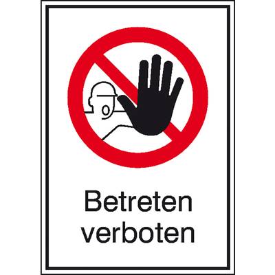 'Betreten verboten' Zeichen mit rotem Durchkreuzungskreis über Hand- und Personenpiktogramm; deutet Zutrittsverbot an.