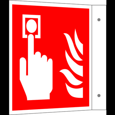 Rotes Brandschutzschild mit einem Symbol: Eine Hand drückt einen runden Feuermelderknopf, daneben stilisierte Flammen.
