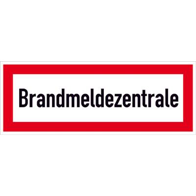 Schild mit der Aufschrift 'Brandmeldezentrale' in schwarzer Schrift auf weißem Hintergrund, umrandet von einem roten Rahmen.