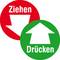 Roter Kreis mit weißem Pfeil nach unten und dem Text 'Ziehen'; grüner Kreis mit weißem Pfeil nach oben und dem Text 'Drücken'.