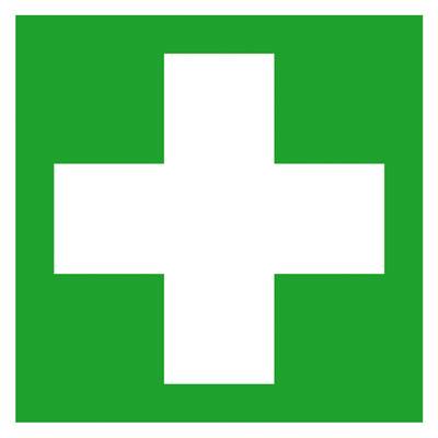 Grünes Erste-Hilfe-Zeichen mit einem weißen Kreuz in der Mitte zeigt den Standort eines medizinischen Notfall-Kits an.