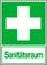 Grünes Schild mit weißem Kreuz und dem Text 'Sanitätsraum', der auf einen Erste-Hilfe-Raum hinweist.