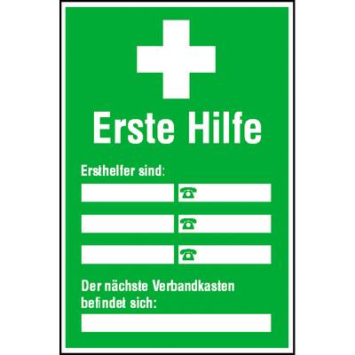 Grünes Erste-Hilfe-Schild mit weißem Kreuz, leerer Liste für Ersthelfer mit Telefonsymbolen, Hinweis auf den Standort des nächsten Verbandskastens.