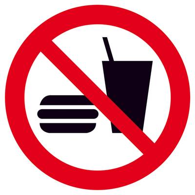 Ein durchgestrichenes Symbol zeigt einen Hamburger und einen Getränkebecher, was darauf hinweist, dass Essen und Trinken verboten sind.