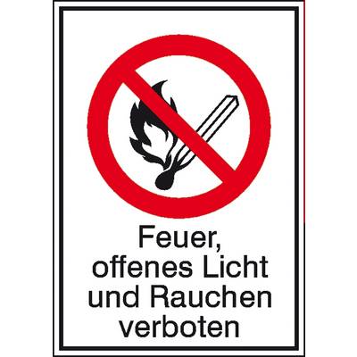 'Feuer, offenes Licht und Rauchen verboten' steht unter einem durchgestrichenen Symbol aus Flamme und Streichholz in einem roten Kreis.