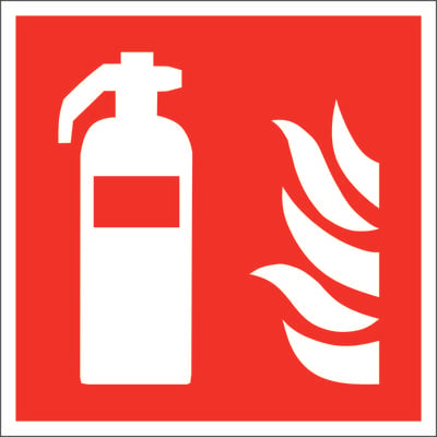 Rotes Hinweisschild mit einem weißen Feuerlöscher und Flammensymbol. Indiziert den Standort eines Feuerlöschers.