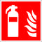 Piktogramm eines Feuerlöschers neben Flammen auf rotem Hintergrund, symbolisiert Standort eines Feuerlöschers zur Brandbekämpfung.