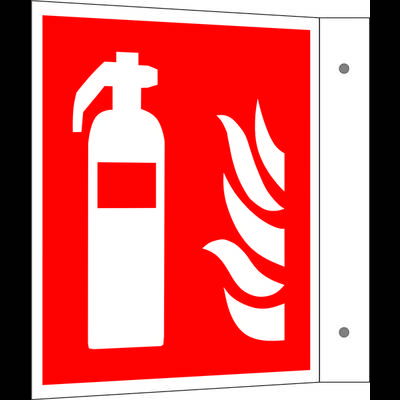 Ein rotes Schild mit einem weißen Feuerlöscher und Flammensymbol, zeigt die Position eines Feuerlöschers an.