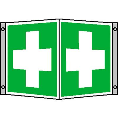 Grünes Schild mit weißen Kreuz, symbolisiert Erste-Hilfe-Standort.