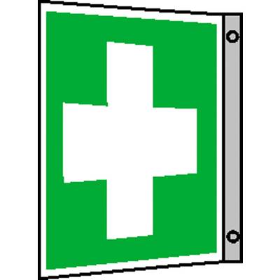 Ein grünes Schild mit einem weißen Kreuz in der Mitte, das auf Erste-Hilfe-Stellen oder Rettungseinrichtungen hinweist.