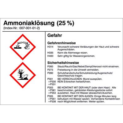 'Ammoniaklösung (25 %)' Etikett. Zeigt Gefahren- und Sicherheitshinweise. Haut- und Augenreizungen, Schutzausrüstung empfohlen.