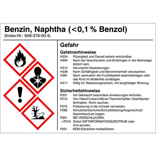SafetyMarking 21.B1200.04 Gefahrstoffetikett G004 Benzin (<0,1% Benzol) Folie selbstklebend (B x H) 105 mm x 74 mm 1 St.