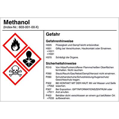 Methanol-Warnetikett mit Gefahrensymbolen: entzündlich, toxisch, gesundheitsschädlich. Sicherheits- und Gefahrenhinweise aufgeführt.