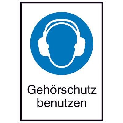 Blaues Piktogramm mit Kopfhörern und der Aufschrift 'Gehörschutz benutzen'.