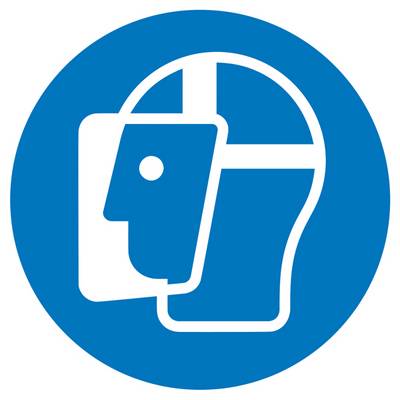 Ein weißer stilisierter Kopf mit Helm in einem blauen Kreis, symbolisiert Arbeitsschutz oder Sicherheitsbereich.