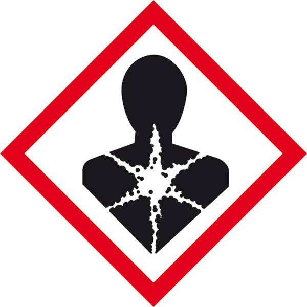 Ein Symbol mit einem schwarzen Schatten eines Menschen, der eine äußere Explosionskraft zeigt, in einem roten Rautenschild. Warnung vor gesundheitlichen Gefahren.