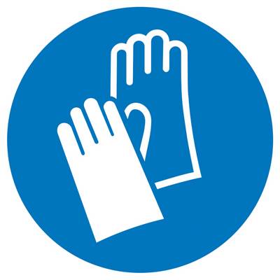 Symbol in einem blauen Kreis zeigt ein Paar Arbeitshandschuhe. Bedeutet: Handschuhe tragen für Sicherheit und Schutz.