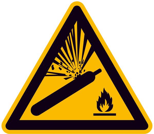 Warnschild: Explosionsgefahr durch Gasflaschen. Symbole zeigen eine explodierende Flasche und ein Flammenpiktogramm.