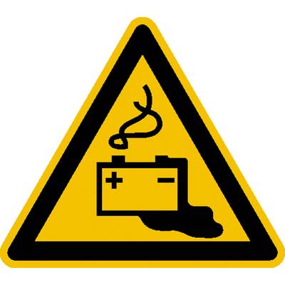 Warnschild: Symbol für austretende Batterieflüssigkeit, gelbes Dreieck mit Batterie und auslaufender Flüssigkeit.