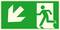 Notausgangsschild: Grünes Schild mit weißem Piktogramm eines laufenden Männchens in Richtung einer Tür und Pfeil nach links unten.