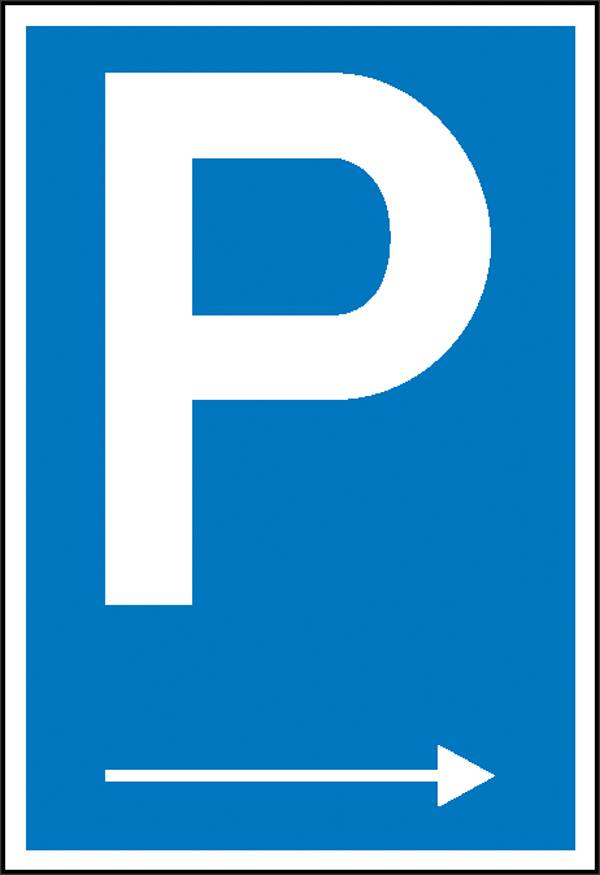 Parkplatzschild mit großem weißem 'P' auf blauem Hintergrund. Ein weißer Pfeil zeigt nach rechts.