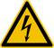 Warnschild; gelbes Dreieck mit schwarzem Blitzsymbol, warnt vor elektrischer Spannung.