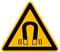 Warnschild: Gelbes Dreieck mit schwarzem Magnet-Symbol und Wellenlinien, das vor starken magnetischen Feldern warnt.