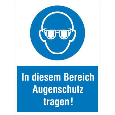 Ein Symbol eines kopft mit Schutzbrille, darunter der Text: 'In diesem Bereich Augenschutz tragen!', auf blauem Hintergrund.