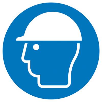 Ein Piktogramm eines Schutzhelms: Weißer Helm auf blauem Hintergrund. Symbolisiert Schutzmaßnahmen am Arbeitsplatz.