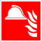Piktogramm eines Feuerwehrhelms und Flammen auf rotem Hintergrund. Symbolisiert Feuerlöscher oder Brandschutzausrüstung.