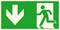 Notausgangsschild: Grüne Tafel mit weißem Pfeil nach unten und Piktogramm einer rennenden Person durch eine Tür.