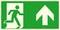 Notausgangsschild mit einer Figur, die aus einer Tür rennt, und einem Pfeil nach oben, der den Fluchtweg anzeigt.