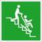 Hinweisschild für Evakuierung: Person schiebt eine andere auf einem Treppenlift eine Treppe hinunter; grüner Hintergrund.